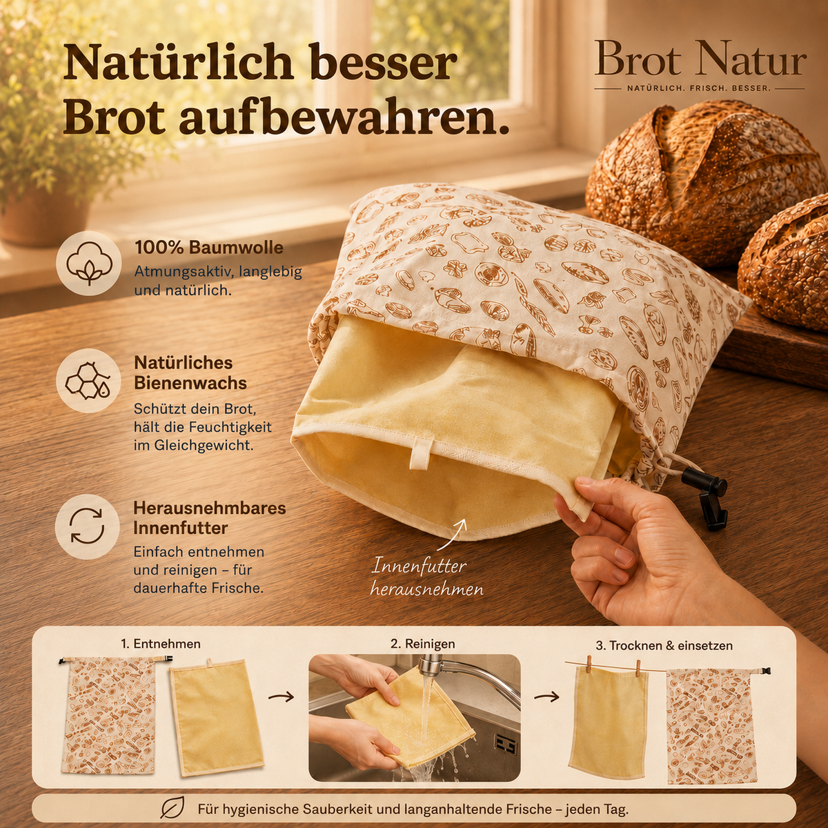 Herausnehmbarer Bienenwachs-Einsatz wird aus dem BrotNatur Beutel gezogen